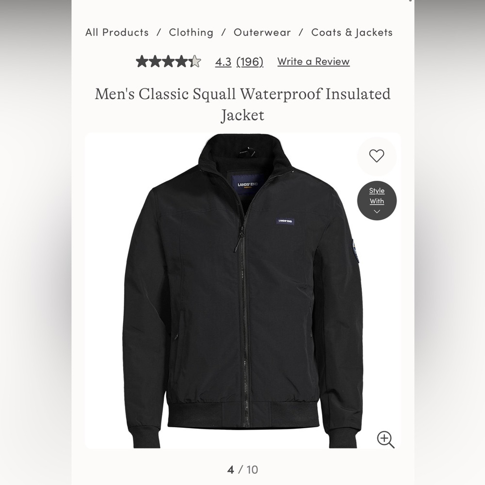 NWOT - Men’s Lands’ End Black Bomber Jacket Waterproof and Insulated - Size XL